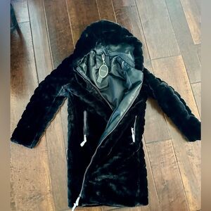 Long faux fur coat with pleather lining